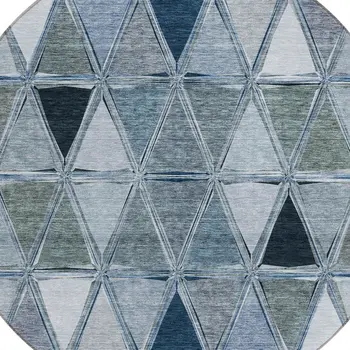 8' Denim Blue And Sky Blue Round Geometric Washable Indoor Outdoor Area Rug