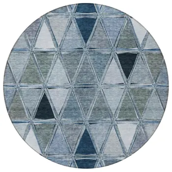 8' Denim Blue And Sky Blue Round Geometric Washable Indoor Outdoor Area Rug