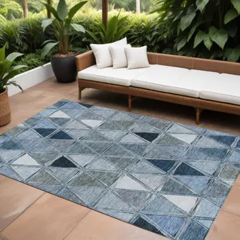9' X 12' Denim Blue And Sky Blue Geometric Washable Indoor Outdoor Area Rug
