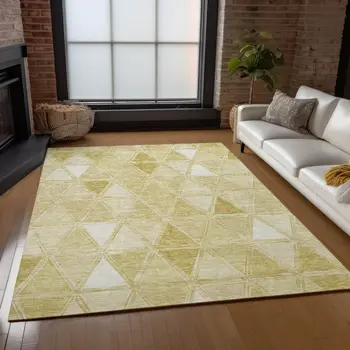 3' X 5' Gold Wheat And Ivory Geometric Washable Indoor Outdoor Area Rug