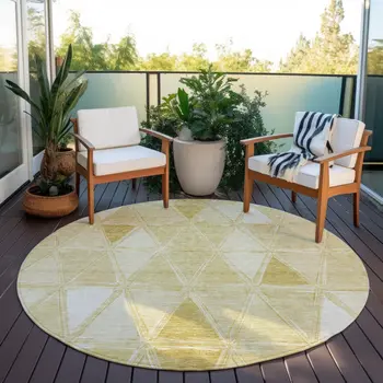 8' Gold Wheat And Ivory Round Geometric Washable Indoor Outdoor Area Rug