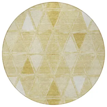8' Gold Wheat And Ivory Round Geometric Washable Indoor Outdoor Area Rug