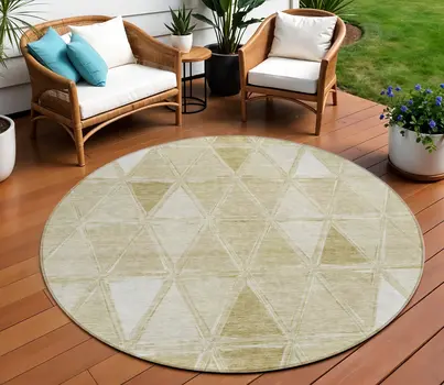 8' Khaki Beige And Tan Round Geometric Washable Indoor Outdoor Area Rug