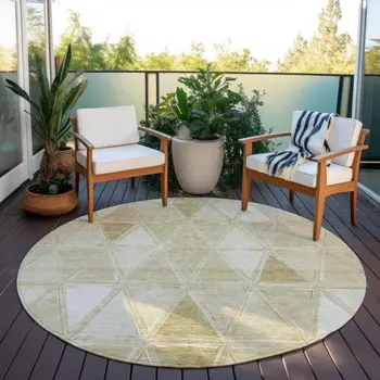 8' Khaki Beige And Tan Round Geometric Washable Indoor Outdoor Area Rug