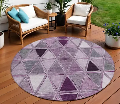 8' Merlot Purple And Lavender Round Geometric Washable Indoor Outdoor Area Rug