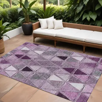 9' X 12' Merlot Purple And Lavender Geometric Washable Indoor Outdoor Area Rug