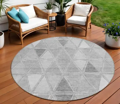 8' Gray Silver And Ivory Round Geometric Washable Indoor Outdoor Area Rug