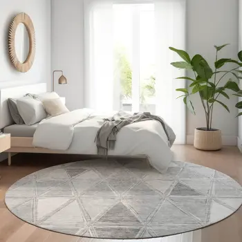 8' Gray Silver And Ivory Round Geometric Washable Indoor Outdoor Area Rug