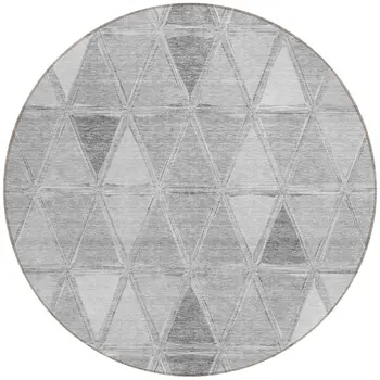 8' Gray Silver And Ivory Round Geometric Washable Indoor Outdoor Area Rug