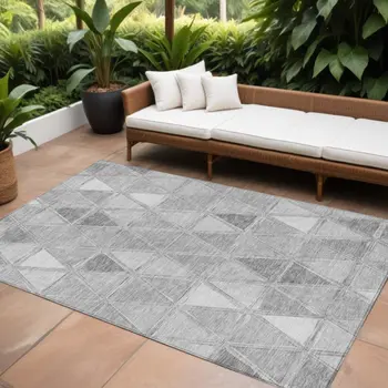 10' X 14' Gray Silver And Ivory Geometric Washable Indoor Outdoor Area Rug