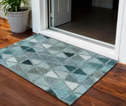 3' X 5' Teal Blue Aqua And Gray Geometric Washable Indoor Outdoor Area Rug