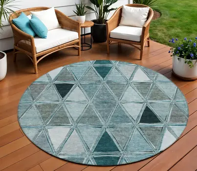 8' Teal Blue Aqua And Gray Round Geometric Washable Indoor Outdoor Area Rug