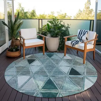 8' Teal Blue Aqua And Gray Round Geometric Washable Indoor Outdoor Area Rug