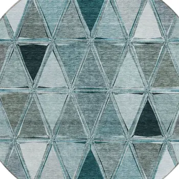 8' Teal Blue Aqua And Gray Round Geometric Washable Indoor Outdoor Area Rug