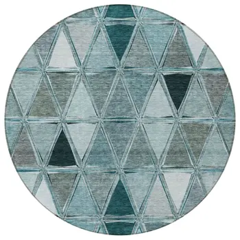 8' Teal Blue Aqua And Gray Round Geometric Washable Indoor Outdoor Area Rug