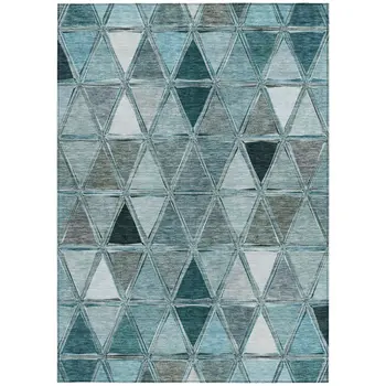 9' X 12' Teal Blue Aqua And Gray Geometric Washable Indoor Outdoor Area Rug