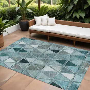 10' X 14' Teal Blue Aqua And Gray Geometric Washable Indoor Outdoor Area Rug