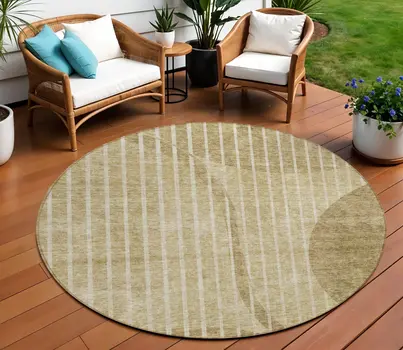 8' Brown Taupe And Ivory Round Striped Washable Indoor Outdoor Area Rug