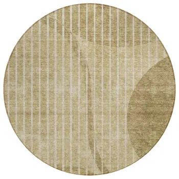 8' Brown Taupe And Ivory Round Striped Washable Indoor Outdoor Area Rug
