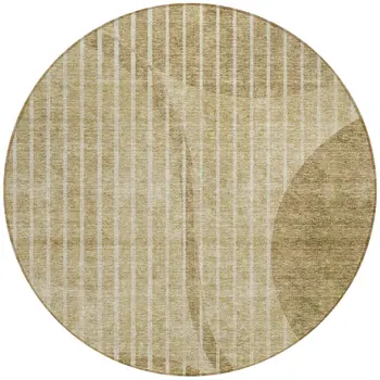8' Brown Taupe And Ivory Round Striped Washable Indoor Outdoor Area Rug