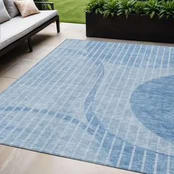 5' X 8' Denim Blue And Sky Blue Striped Washable Indoor Outdoor Area Rug