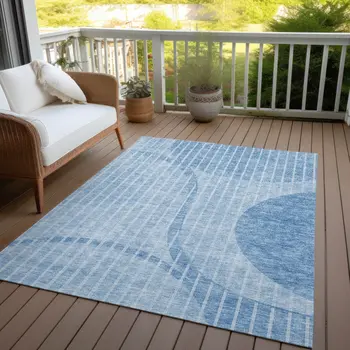 5' X 8' Denim Blue And Sky Blue Striped Washable Indoor Outdoor Area Rug