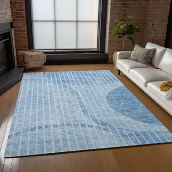 5' X 8' Denim Blue And Sky Blue Striped Washable Indoor Outdoor Area Rug
