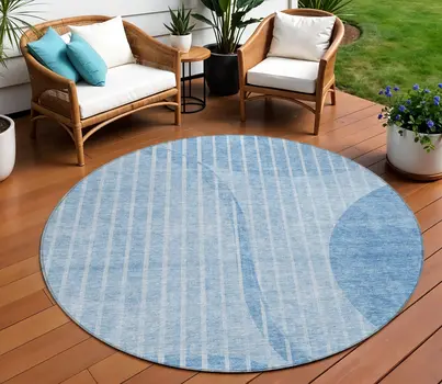 8' Denim Blue And Sky Blue Round Striped Washable Indoor Outdoor Area Rug