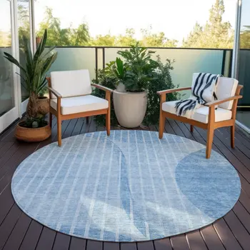 8' Denim Blue And Sky Blue Round Striped Washable Indoor Outdoor Area Rug