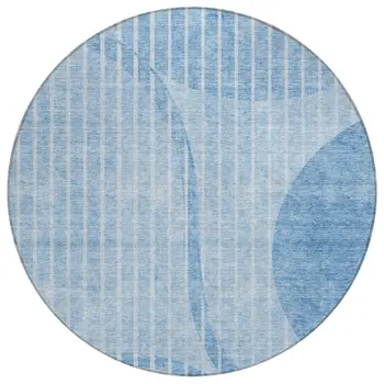 8' Denim Blue And Sky Blue Round Striped Washable Indoor Outdoor Area Rug