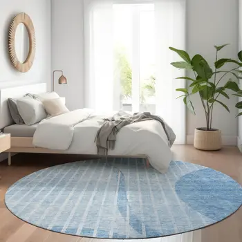 8' Denim Blue And Sky Blue Round Striped Washable Indoor Outdoor Area Rug