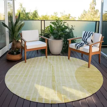 8' Gold Wheat And Ivory Round Striped Washable Indoor Outdoor Area Rug