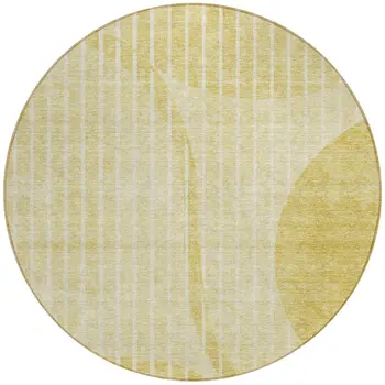 8' Gold Wheat And Ivory Round Striped Washable Indoor Outdoor Area Rug