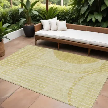 8' X 10' Gold Wheat And Ivory Striped Washable Indoor Outdoor Area Rug