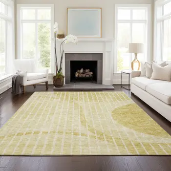10' X 14' Gold Wheat And Ivory Striped Washable Indoor Outdoor Area Rug