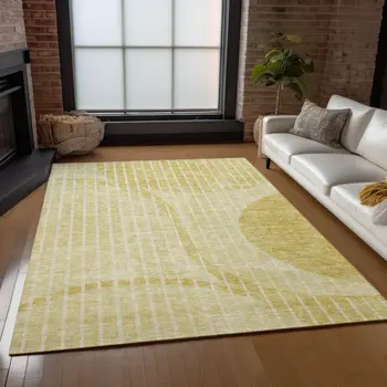 10' X 14' Gold Wheat And Ivory Striped Washable Indoor Outdoor Area Rug