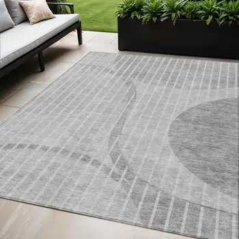 5' X 8' Gray Silver And Ivory Striped Washable Indoor Outdoor Area Rug