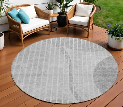 8' Gray Silver And Ivory Round Striped Washable Indoor Outdoor Area Rug