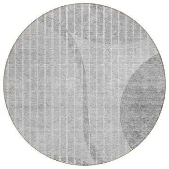 8' Gray Silver And Ivory Round Striped Washable Indoor Outdoor Area Rug