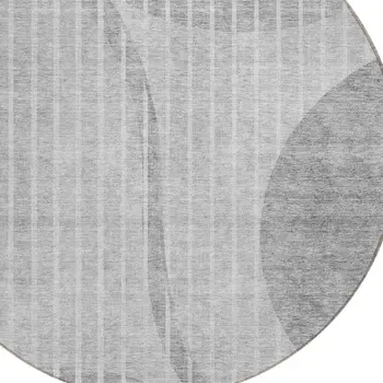8' Gray Silver And Ivory Round Striped Washable Indoor Outdoor Area Rug