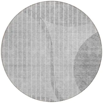 8' Gray Silver And Ivory Round Striped Washable Indoor Outdoor Area Rug