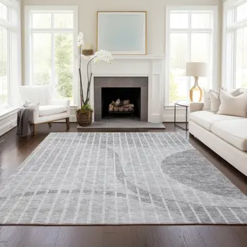 8' X 10' Gray Silver And Ivory Striped Washable Indoor Outdoor Area Rug