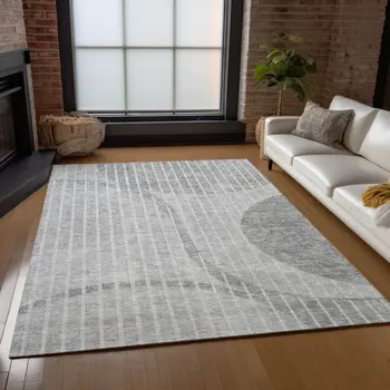 8' X 10' Gray Silver And Ivory Striped Washable Indoor Outdoor Area Rug