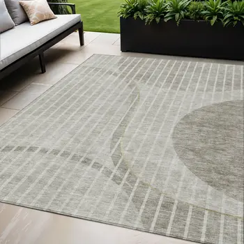 5' X 8' Taupe Beige And Ivory Striped Washable Indoor Outdoor Area Rug