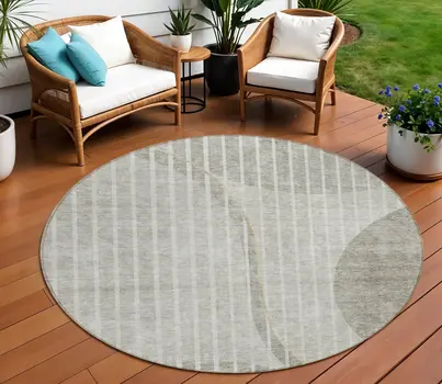 8' Taupe Beige And Ivory Round Striped Washable Indoor Outdoor Area Rug