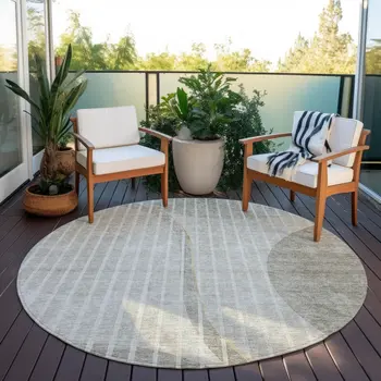8' Taupe Beige And Ivory Round Striped Washable Indoor Outdoor Area Rug