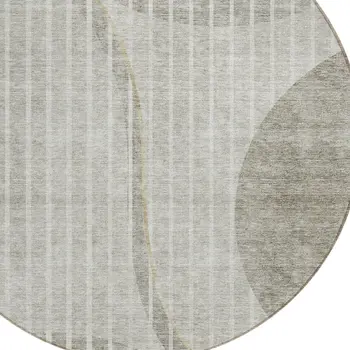 8' Taupe Beige And Ivory Round Striped Washable Indoor Outdoor Area Rug