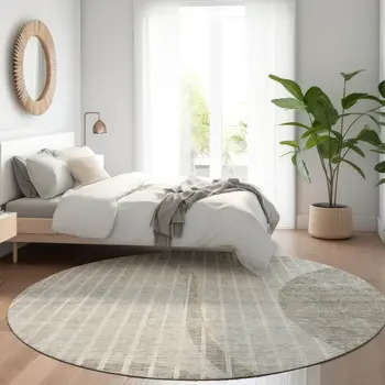 8' Taupe Beige And Ivory Round Striped Washable Indoor Outdoor Area Rug