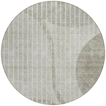 8' Taupe Beige And Ivory Round Striped Washable Indoor Outdoor Area Rug