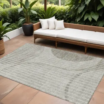 10' X 14' Taupe Beige And Ivory Striped Washable Indoor Outdoor Area Rug